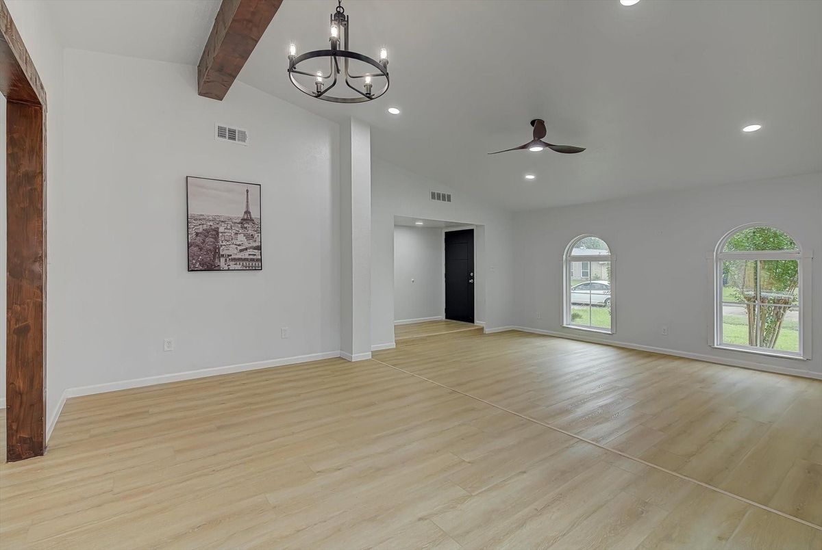 Chandelier, Empty room, Interior, Recessed Lighting, Wooden Beams, Wood Texture Flooring