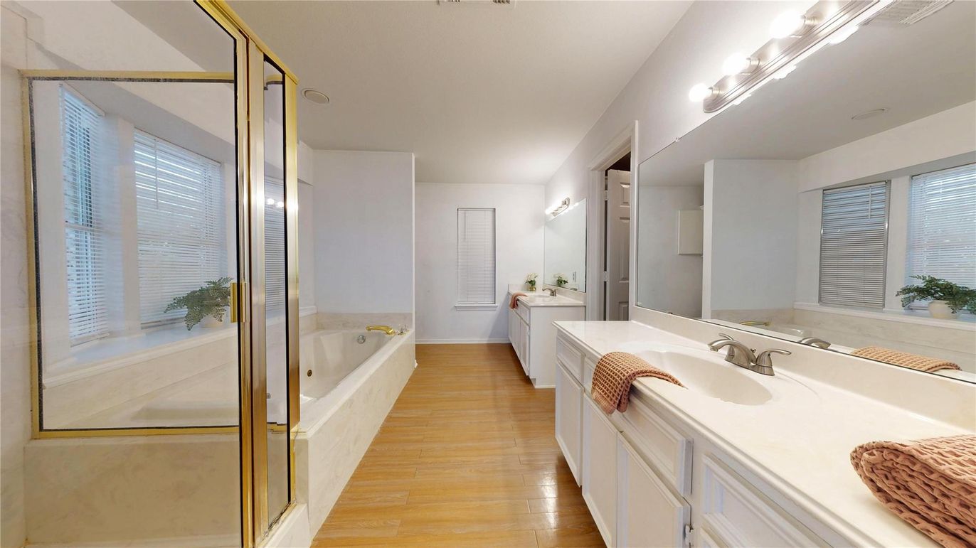 Bathroom, Dual Sink Vanities, Glass Shower, Interior, Wood Texture Flooring