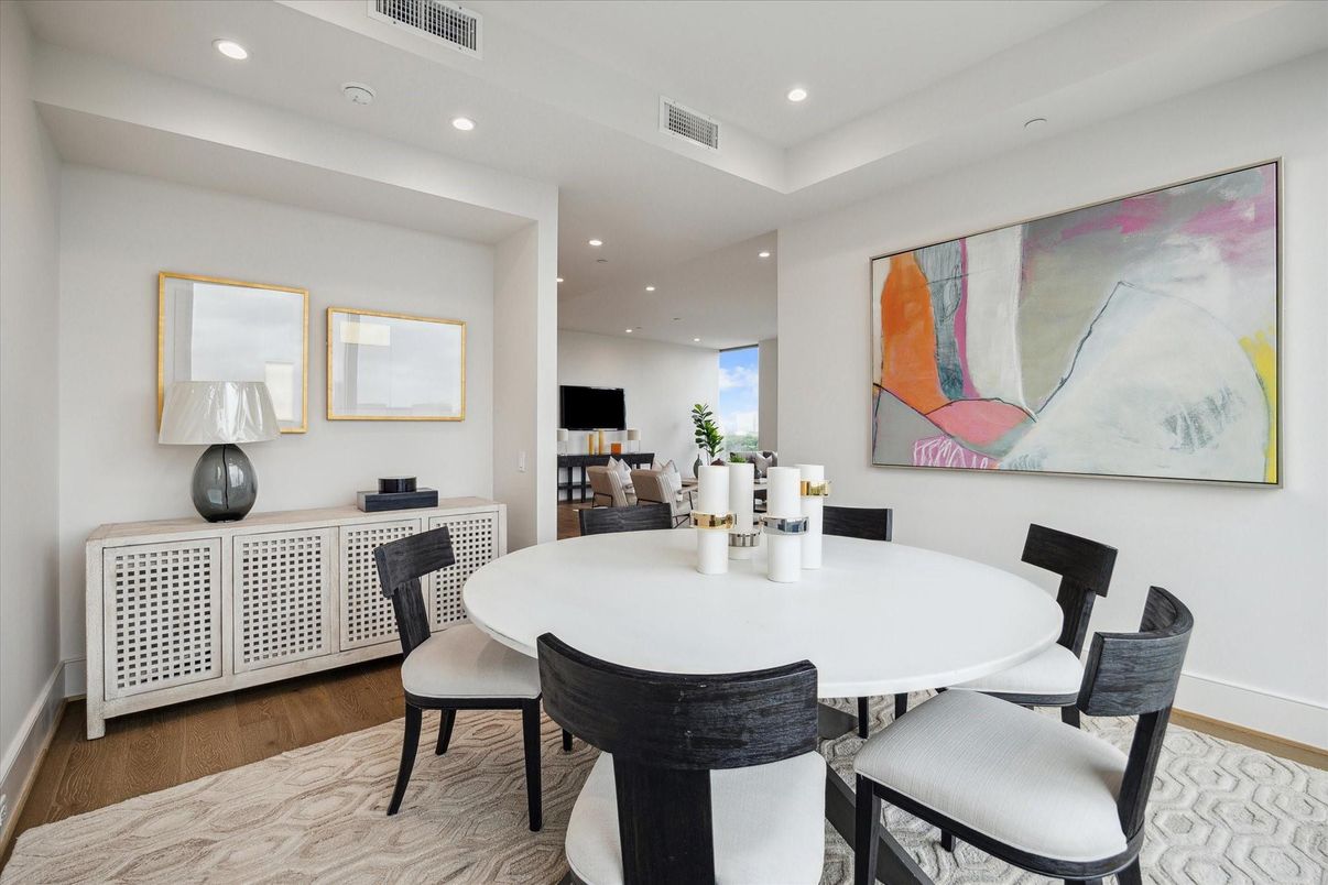 Dining room, Interior, Recessed Lighting, Wood Texture Flooring