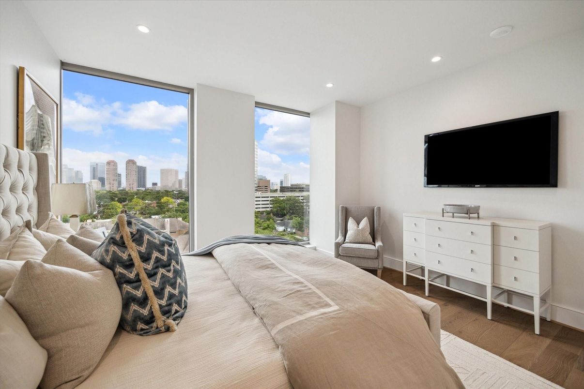 Bedroom, Interior, Recessed Lighting, Wood Texture Flooring