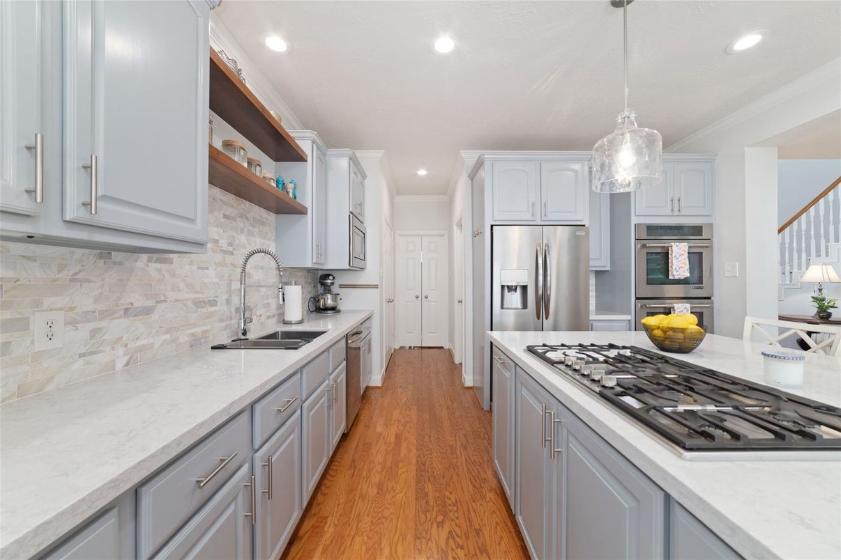 Interior, Kitchen, Pendant Lights, Recessed Lighting, Stainless Steel Appliances, Wood Texture Flooring