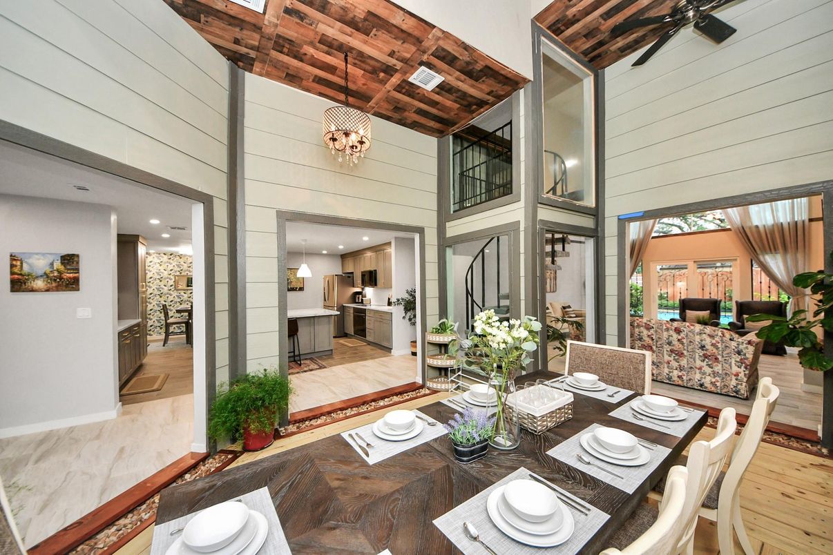 Dining room, Interior, Kitchen, Pendant Lights, Recessed Lighting, Stainless Steel Appliances, Wooden Beams, Wooden Ceilings, Wood Texture Flooring
