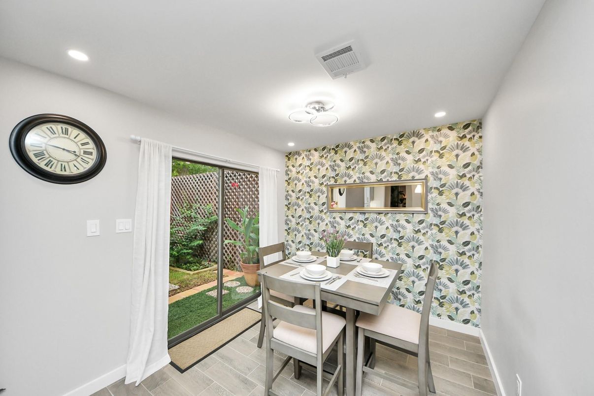 Dining room, Interior, Recessed Lighting, Wood Texture Flooring