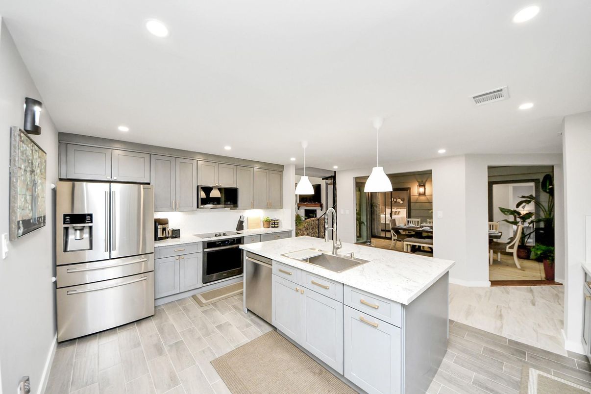 Interior, Kitchen, Pendant Lights, Recessed Lighting, Stainless Steel Appliances, Wood Texture Flooring