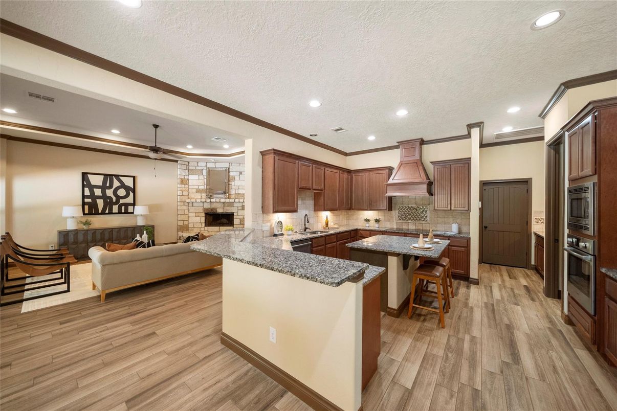 Fireplace, Interior, Kitchen, Living room, Pendant Lights, Recessed Lighting, Wood Texture Flooring