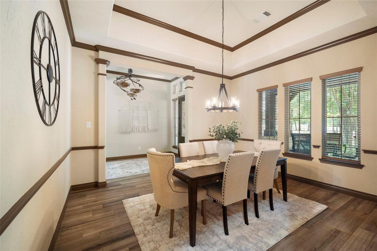 Chandelier, Dining room, Interior, Pendant Lights, Wood Texture Flooring