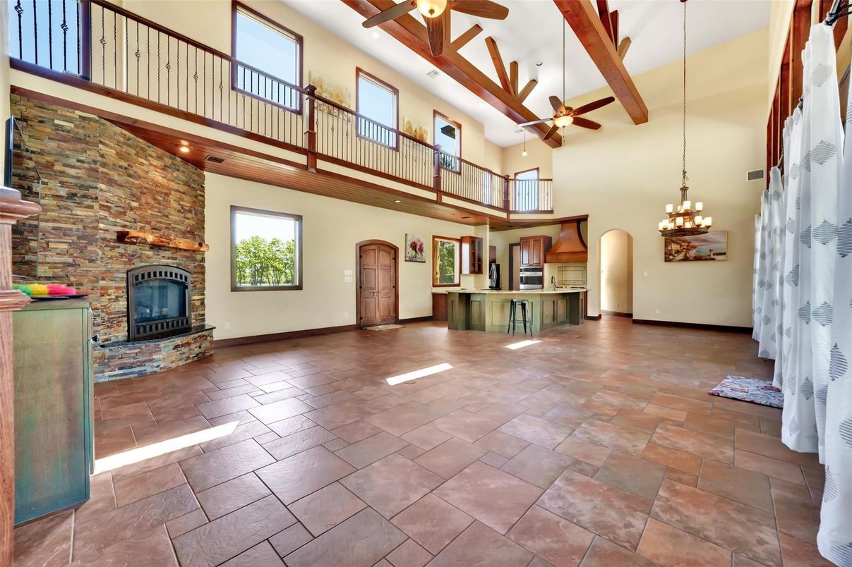 Chandelier, Fireplace, Interior, Pendant Lights, Stone Walls, Wooden Beams