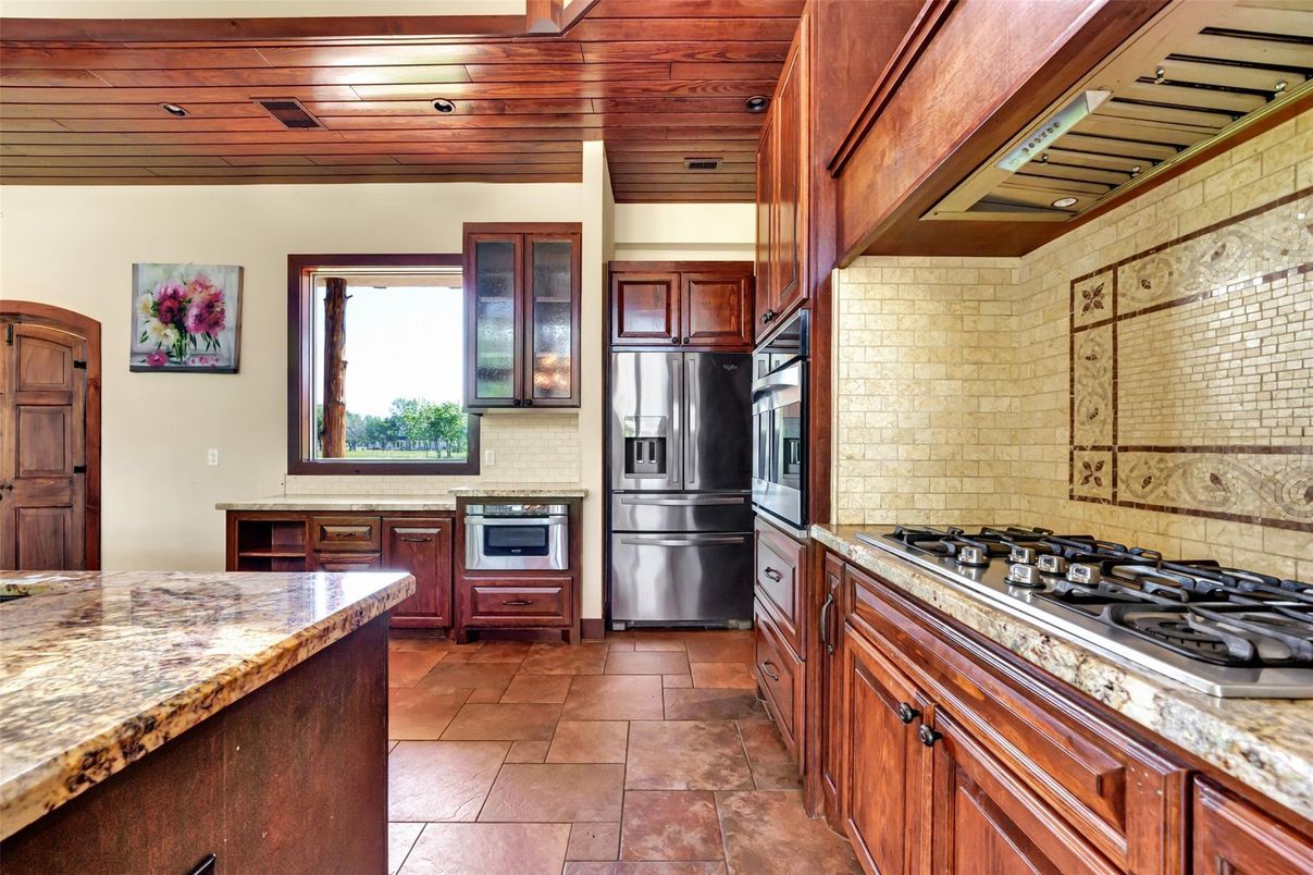 Interior, Kitchen, Stainless Steel Appliances, Stone Walls, Wooden Ceilings
