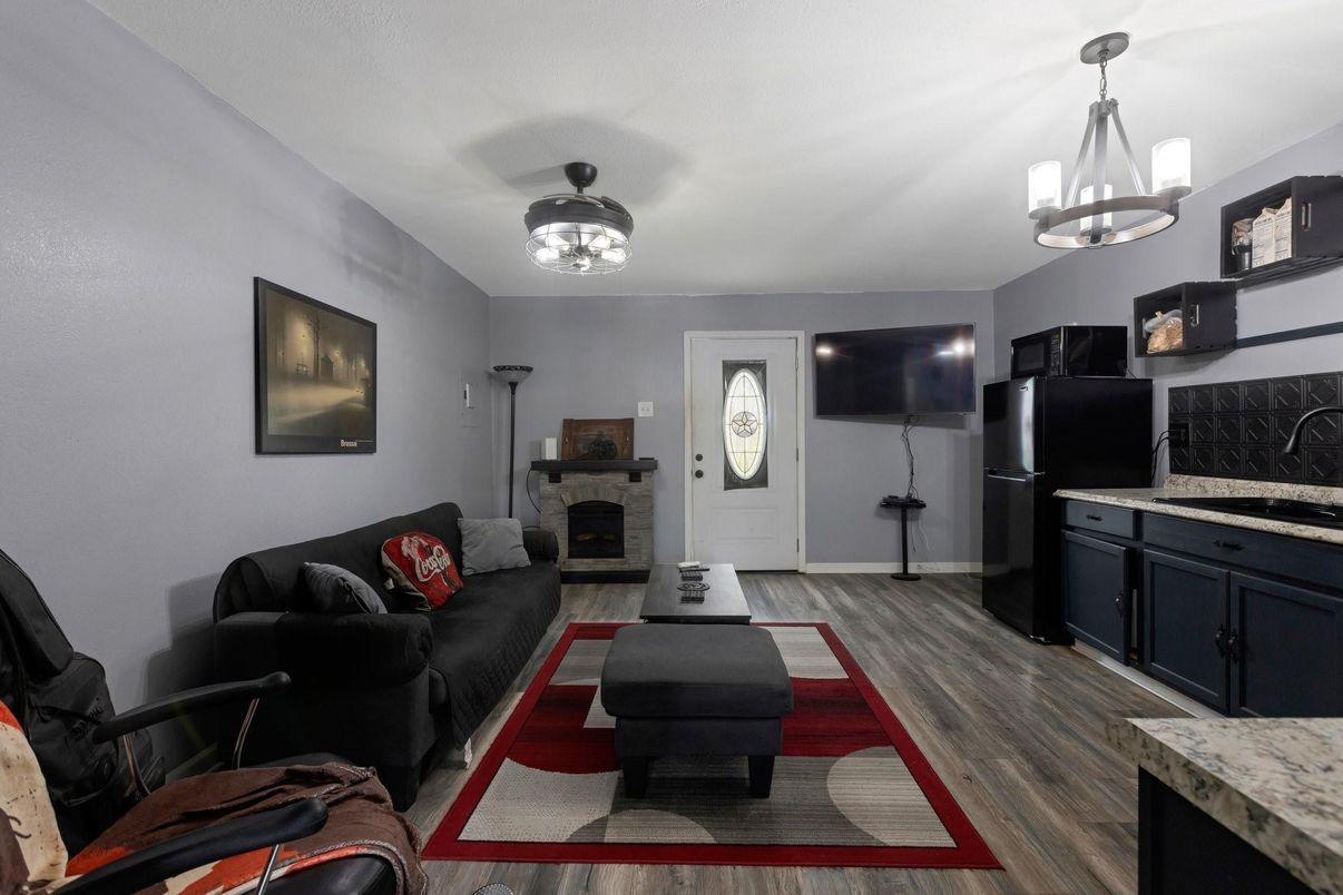Fireplace, Interior, Living room, Pendant Lights, Wood Texture Flooring