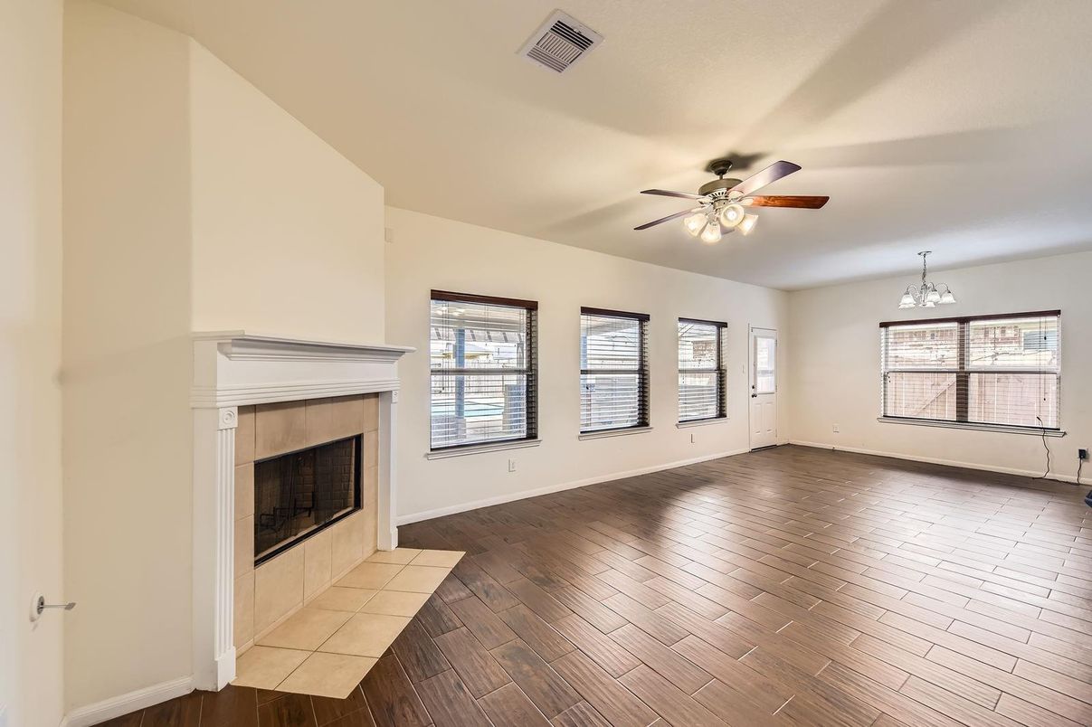 Chandelier, Empty room, Fireplace, Interior, Wood Texture Flooring