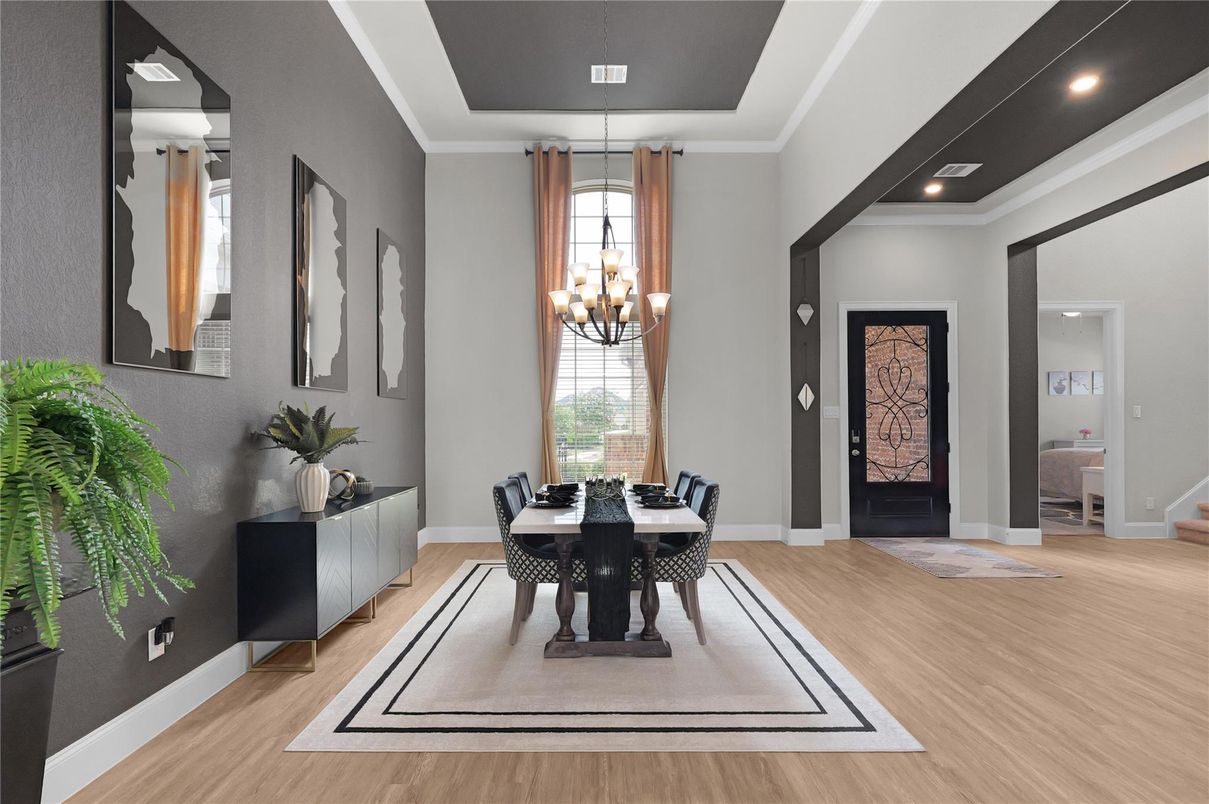Chandelier, Dining room, Interior, Recessed Lighting, Wood Texture Flooring
