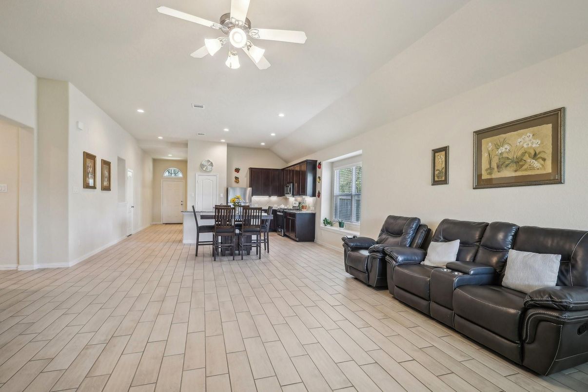 Dining room, Interior, Kitchen, Living room, Recessed Lighting, Wood Texture Flooring
