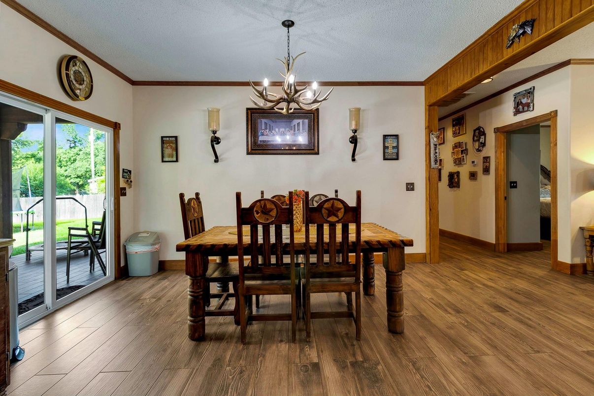Chandelier, Dining room, Interior, Wood Texture Flooring