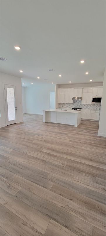 Empty room, Interior, Kitchen, Recessed Lighting, Wood Texture Flooring