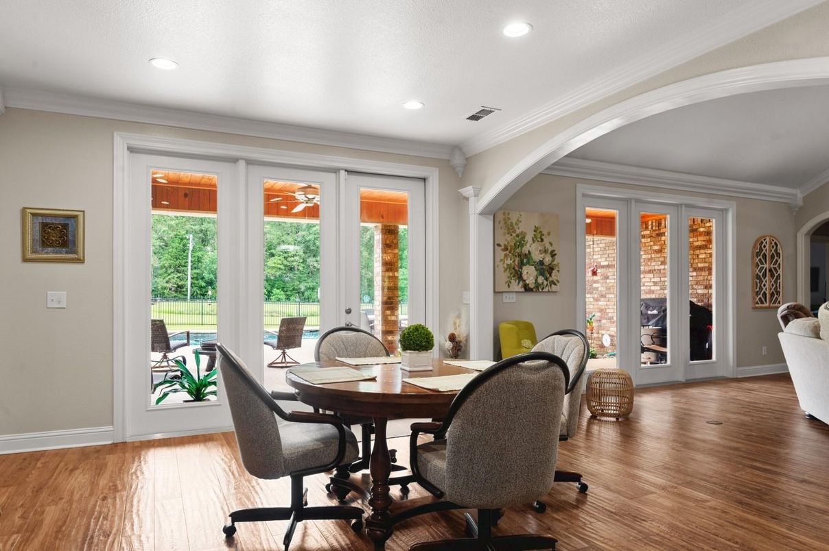 Dining room, Interior, Recessed Lighting, Wood Texture Flooring
