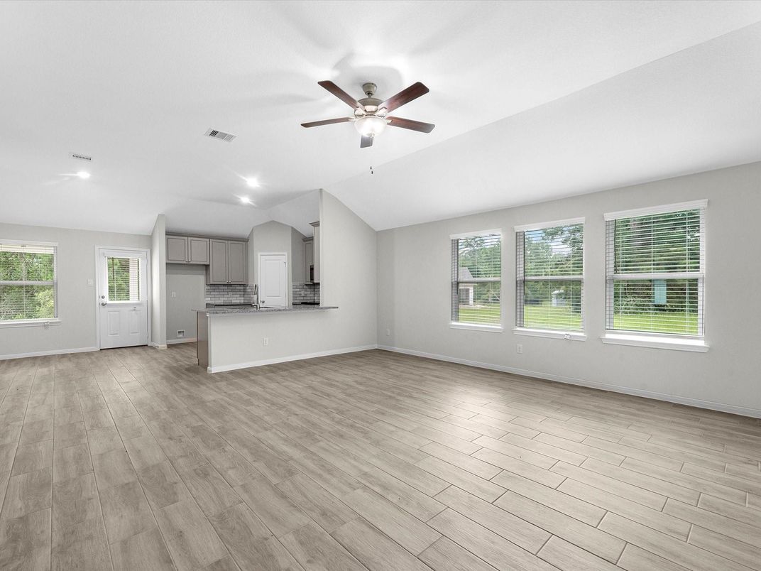 Empty room, Interior, Kitchen, Recessed Lighting, Wood Texture Flooring