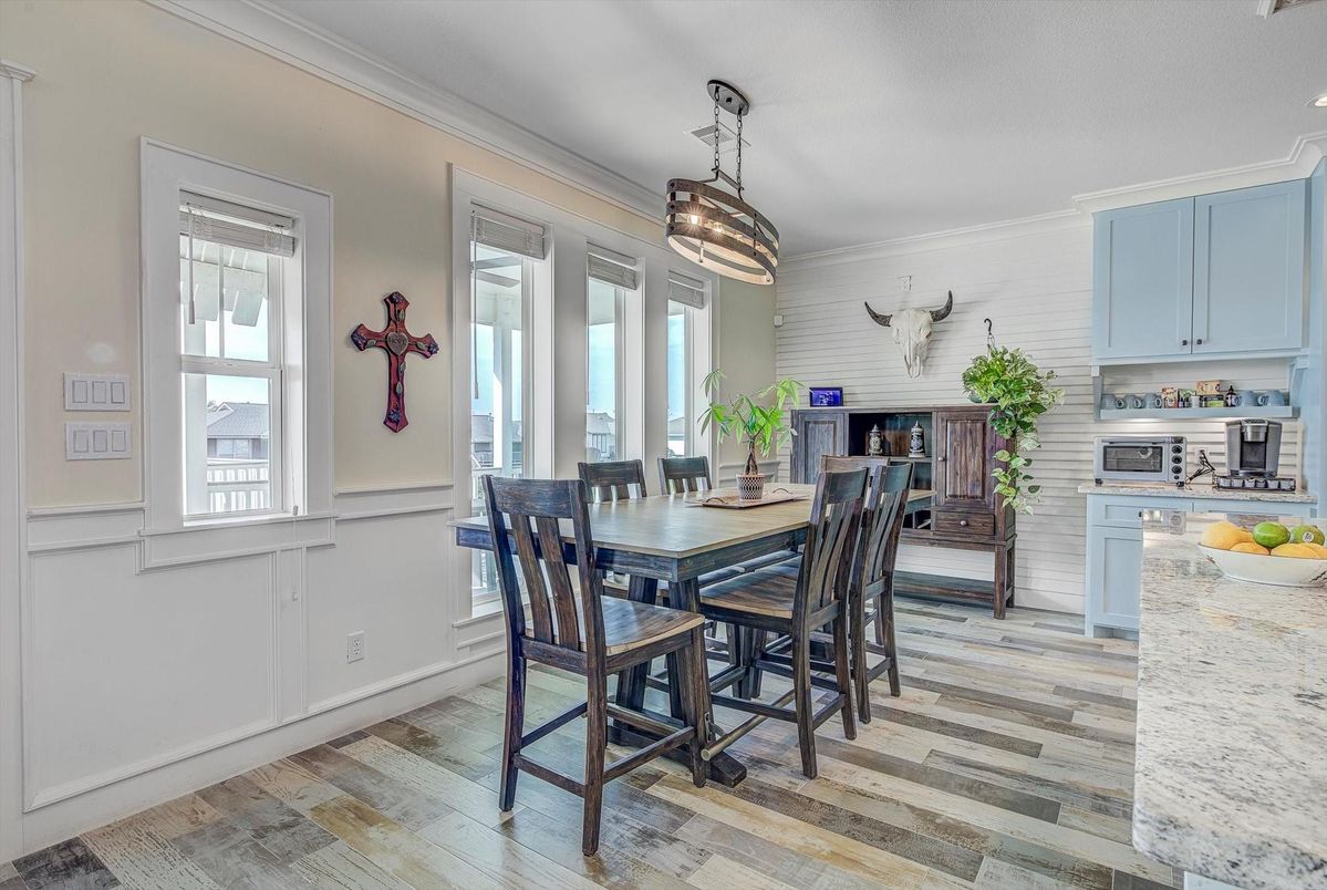 Dining room, Interior, Pendant Lights, Wood Texture Flooring