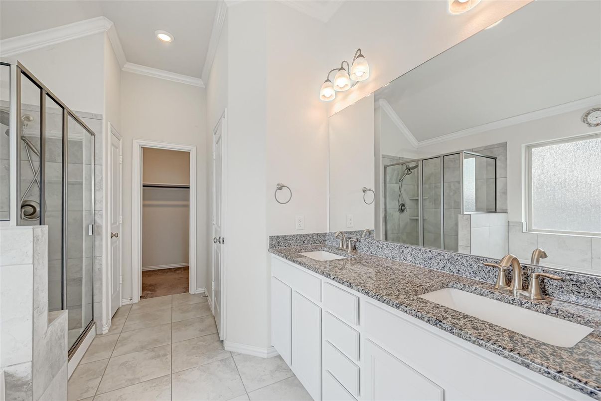 Bathroom, Dual Sink Vanities, Glass Shower, Interior, Recessed Lighting