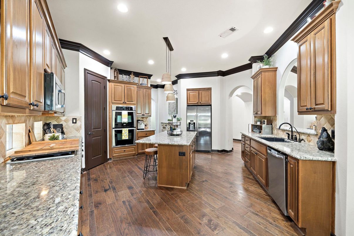 Interior, Kitchen, Pendant Lights, Recessed Lighting, Stainless Steel Appliances, Wood Texture Flooring