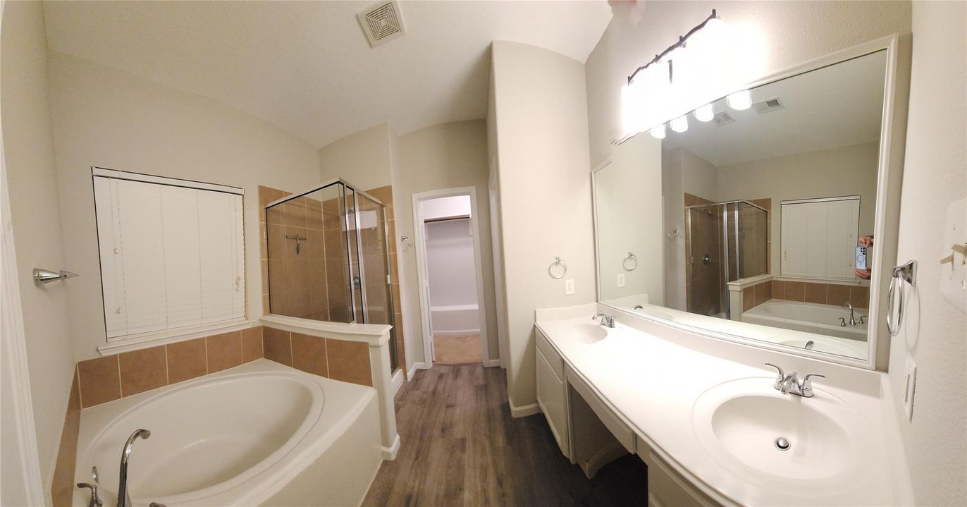 Bathroom, Dual Sink Vanities, Glass Shower, Interior, Wood Texture Flooring