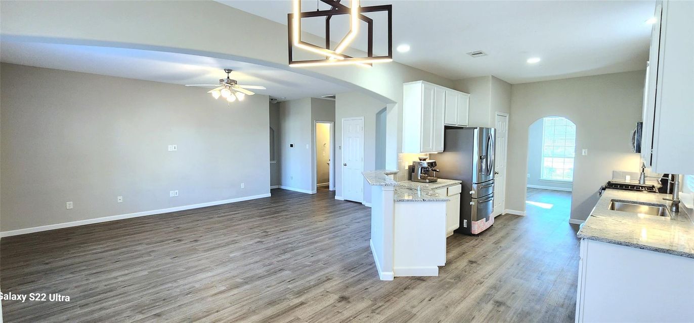 Interior, Kitchen, Recessed Lighting, Wood Texture Flooring