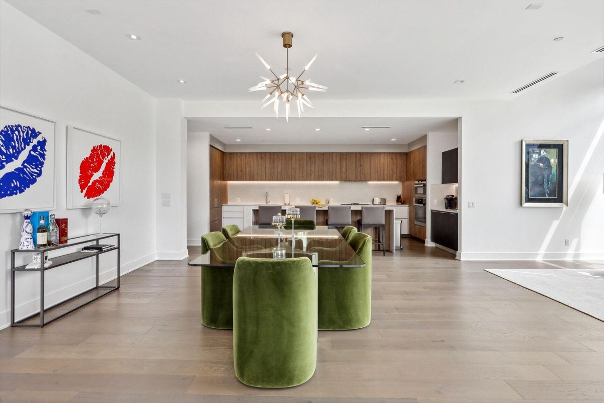 Dining room, Interior, Kitchen, Pendant Lights, Recessed Lighting, Stainless Steel Appliances, Wood Texture Flooring