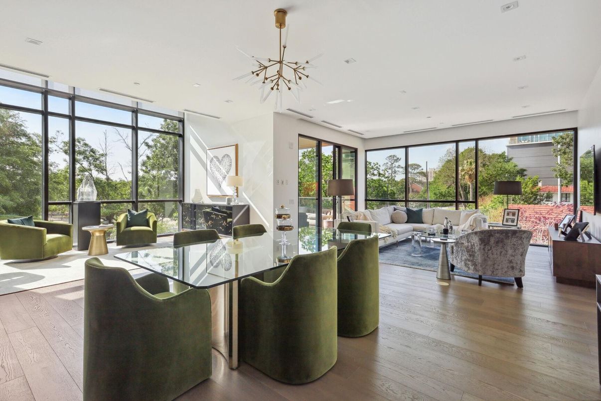 Dining room, Interior, Living room, Pendant Lights, Recessed Lighting, Wood Texture Flooring