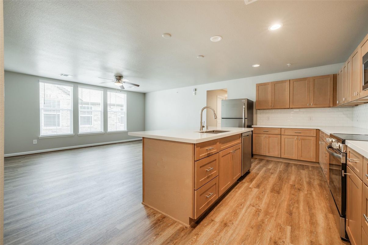 Interior, Kitchen, Recessed Lighting, Stainless Steel Appliances, Wood Texture Flooring