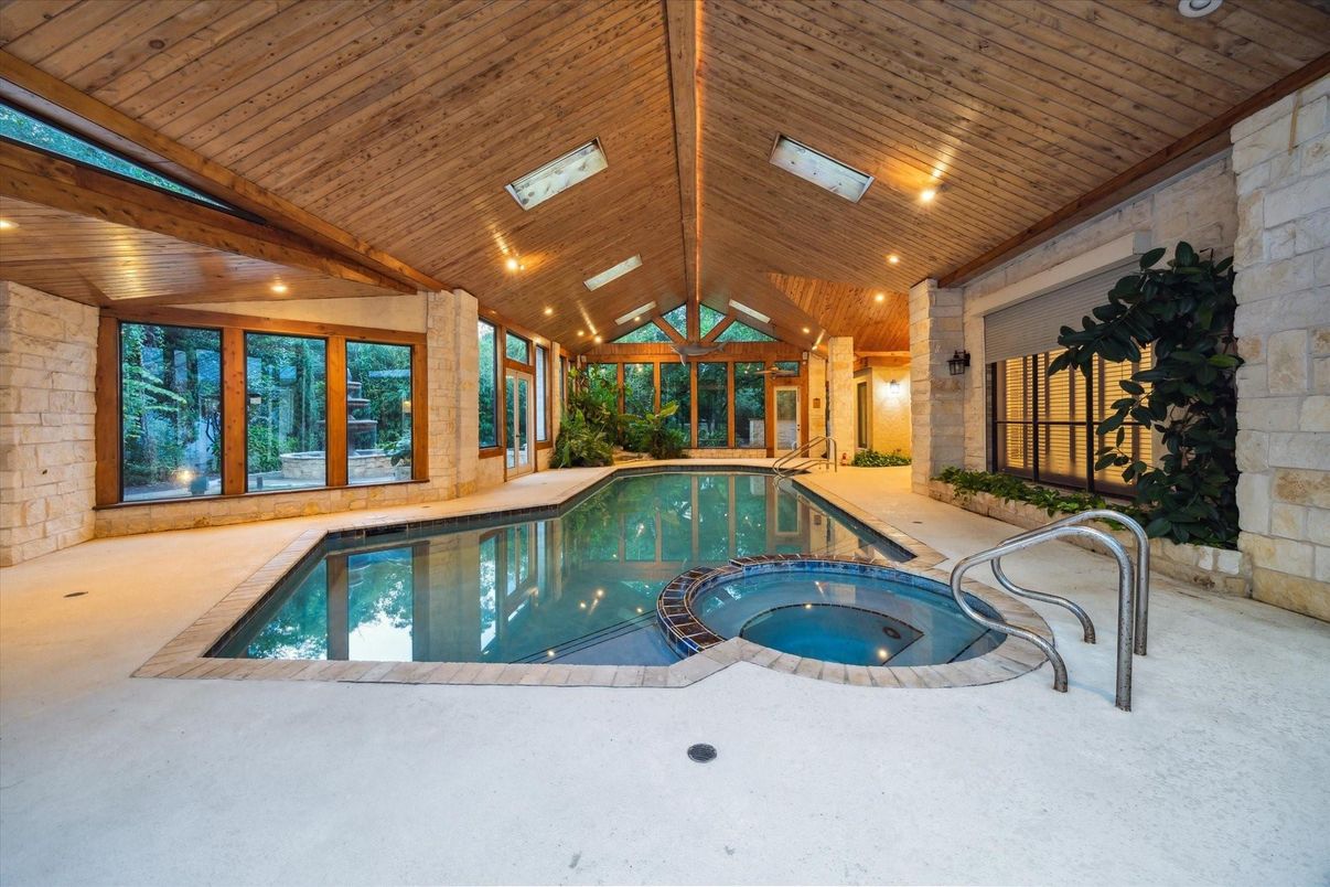 Interior, Pool, Recessed Lighting, Stone Walls, Wooden Ceilings