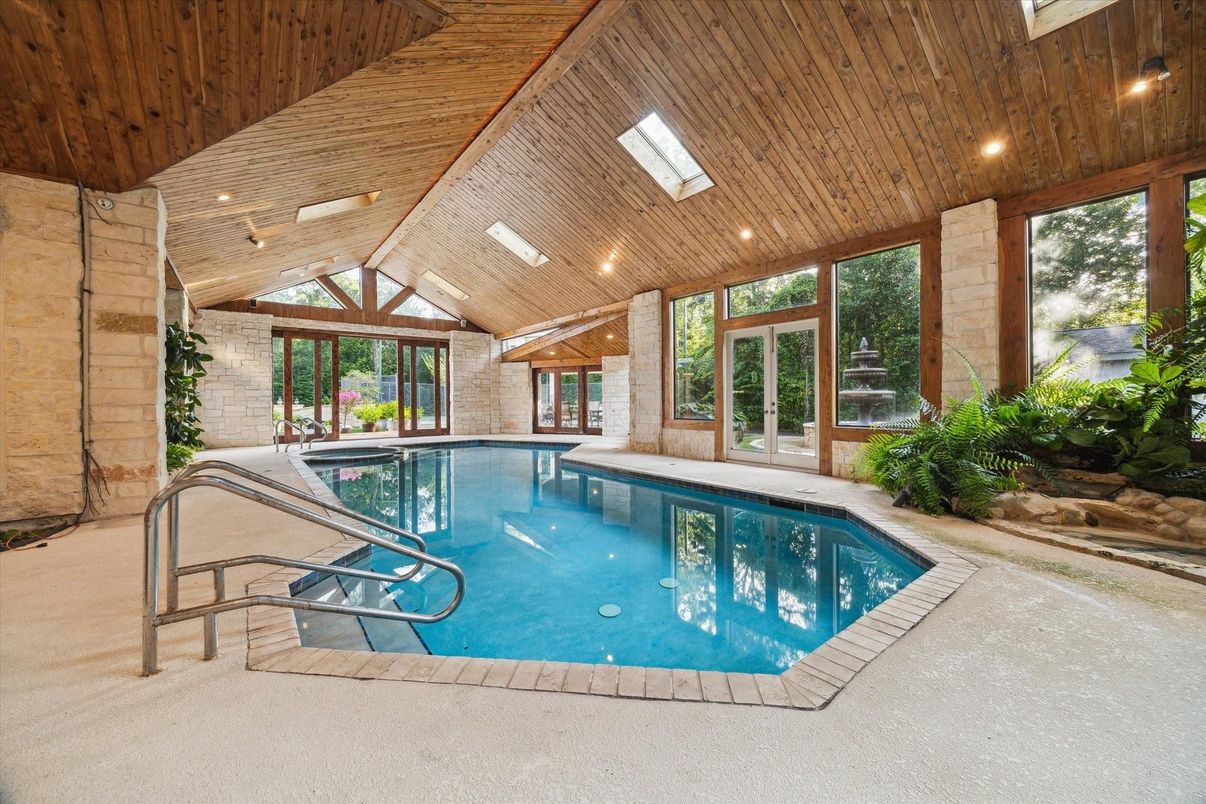 Interior, Pool, Recessed Lighting, Stone Walls, Wooden Ceilings