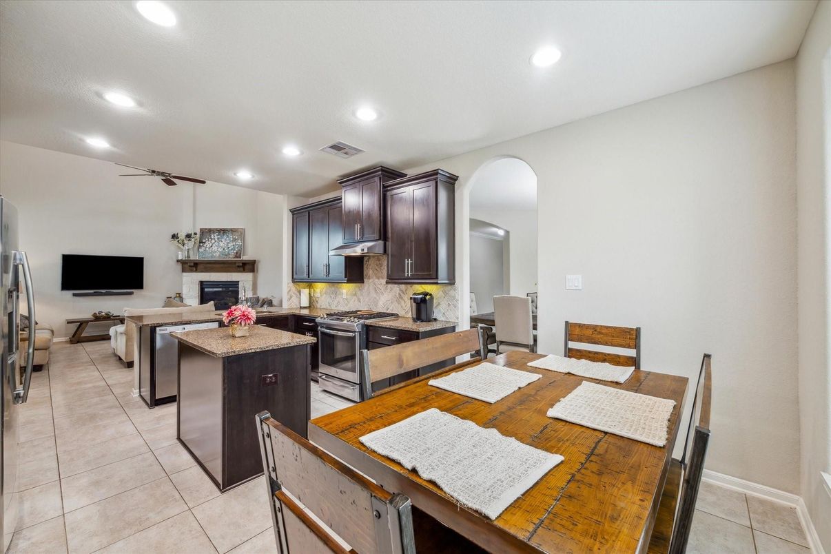 Dining room, Fireplace, Interior, Kitchen, Living room, Recessed Lighting