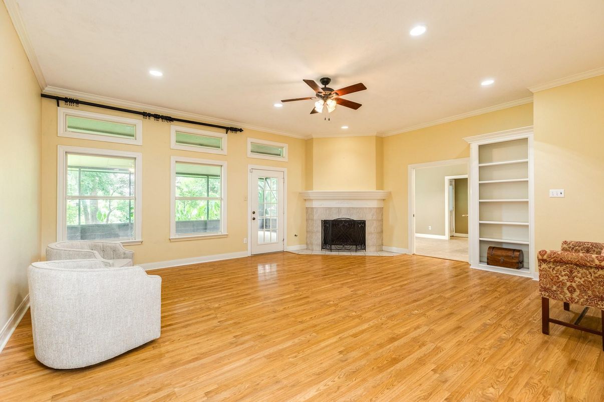 Empty room, Fireplace, Interior, Recessed Lighting, Wood Texture Flooring