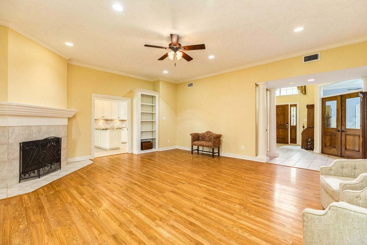 Empty room, Fireplace, Interior, Recessed Lighting, Wood Texture Flooring