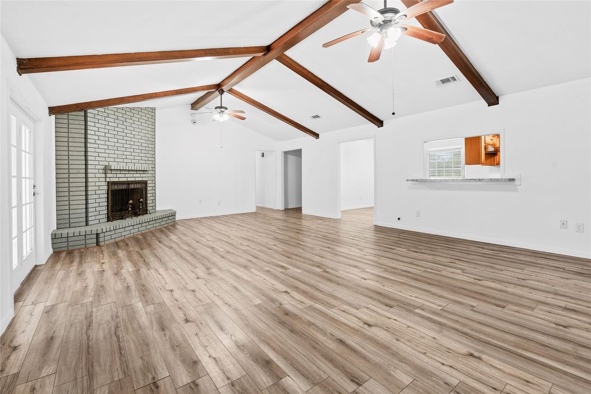 Empty room, Fireplace, Interior, Wooden Beams, Wood Texture Flooring