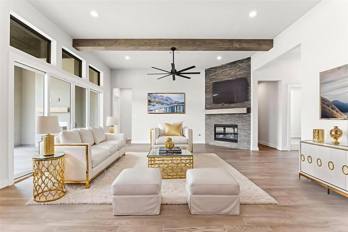Fireplace, Interior, Living room, Recessed Lighting, Stone Walls, Wooden Beams, Wood Texture Flooring