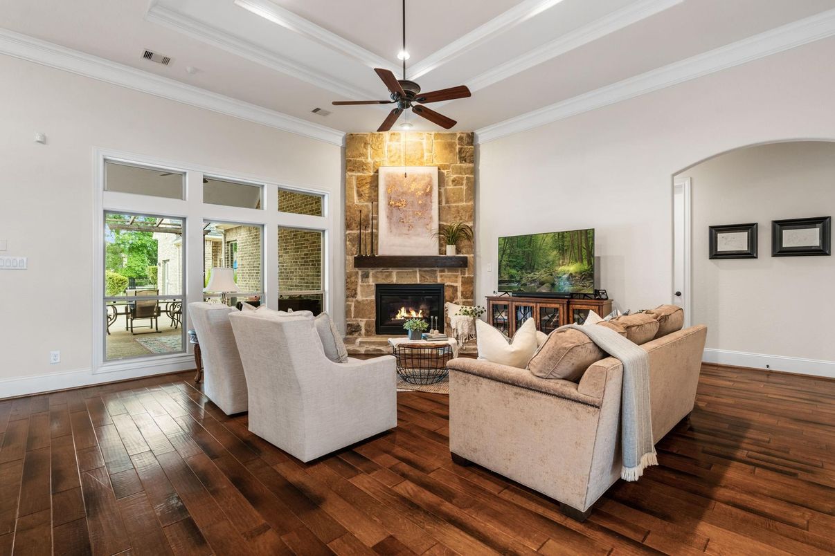 Fireplace, Interior, Living room, Stone Walls, Wood Texture Flooring