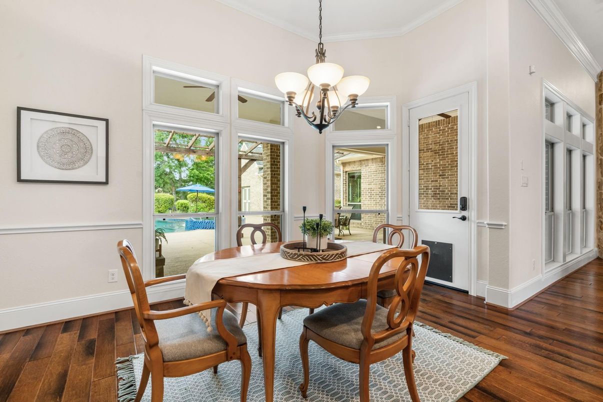 Chandelier, Dining room, Interior, Wood Texture Flooring