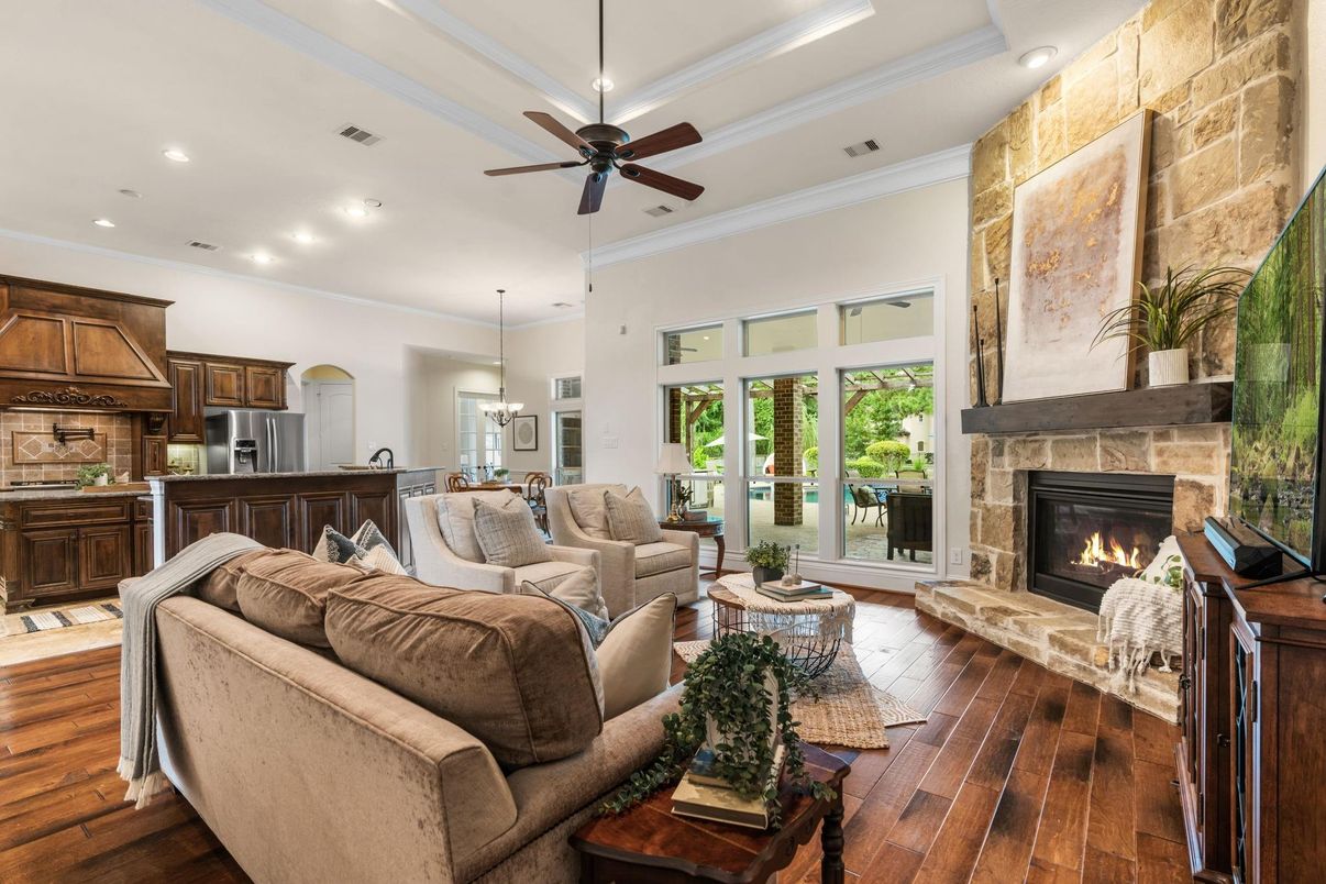 Fireplace, Interior, Kitchen, Living room, Pendant Lights, Recessed Lighting, Stone Walls, Wood Texture Flooring