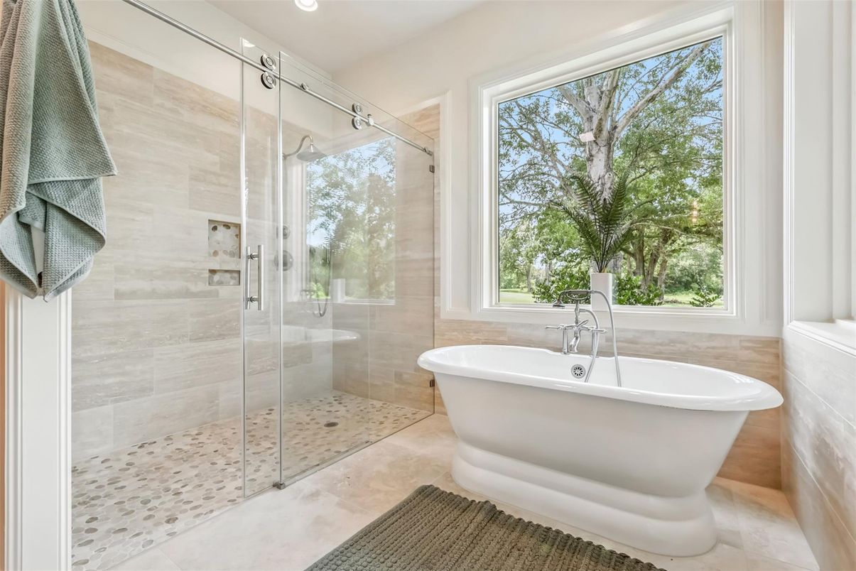 Bathroom, Free Standing Baths, Glass Shower, Interior, Recessed Lighting