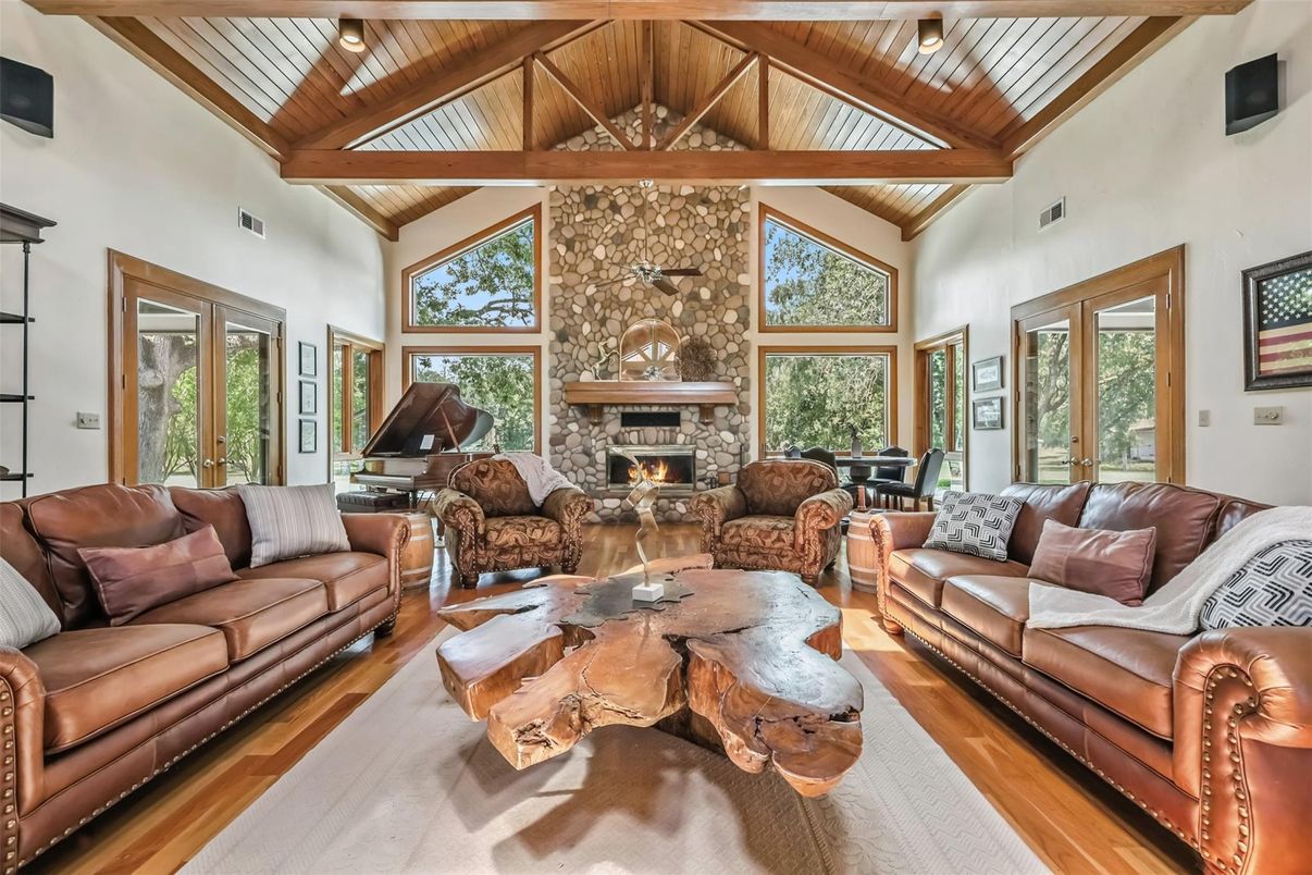 Fireplace, Interior, Living room, Piano, Stone Walls, Wooden Beams, Wooden Ceilings, Wood Texture Flooring