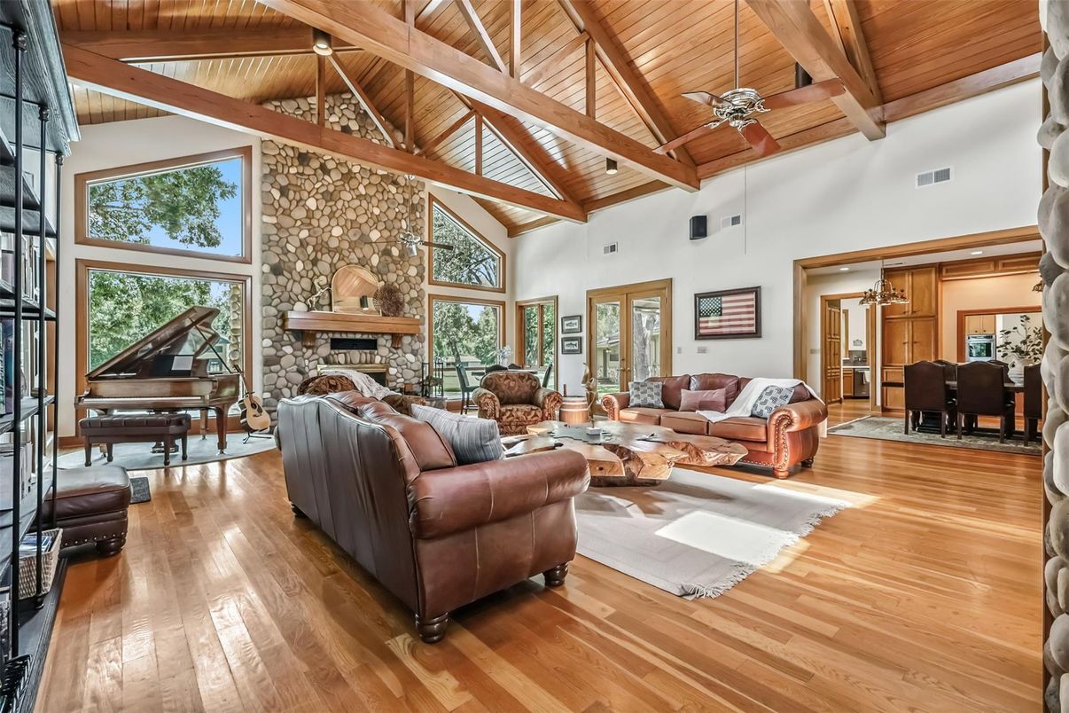 Fireplace, Interior, Living room, Piano, Stone Walls, Wooden Beams, Wooden Ceilings, Wood Texture Flooring