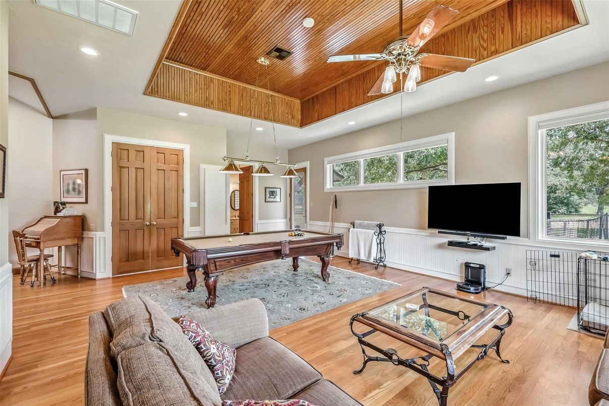 Billiard Table, Game Room, Interior, Pendant Lights, Recessed Lighting, Wooden Ceilings, Wood Texture Flooring