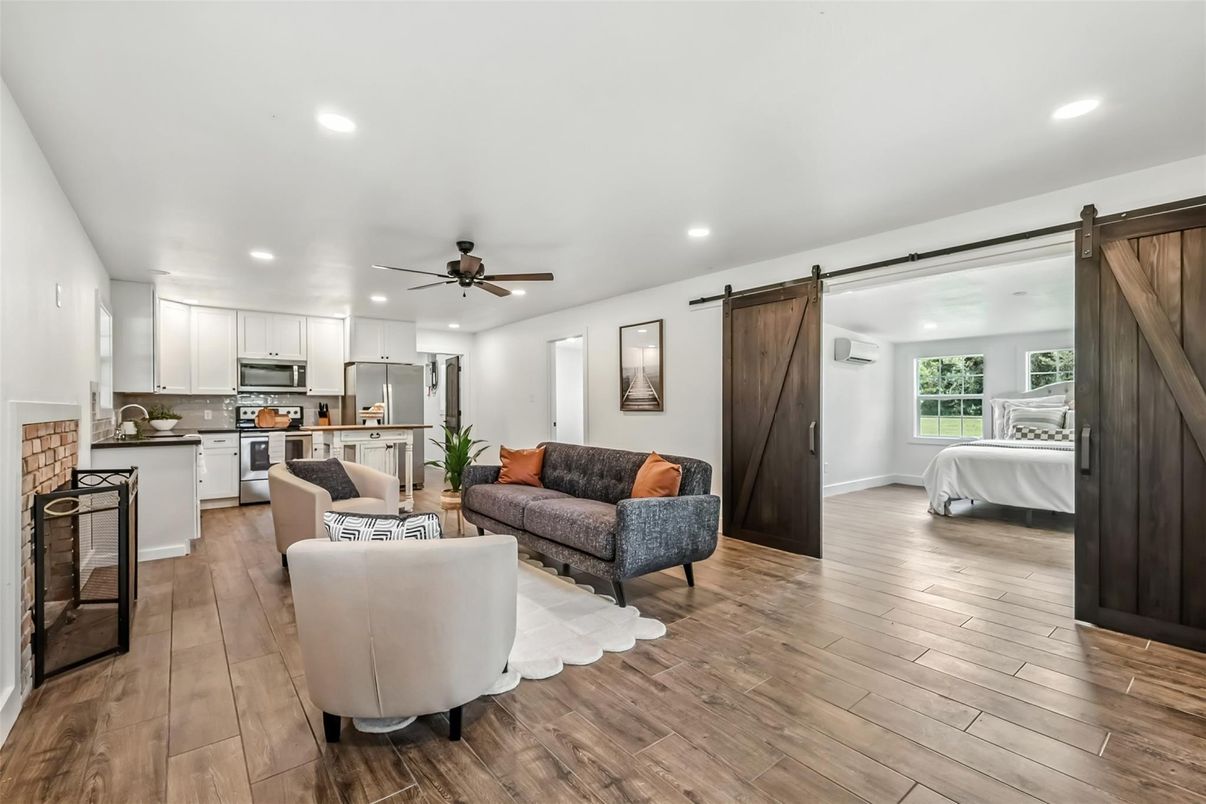 Interior, Kitchen, Living room, Recessed Lighting, Stainless Steel Appliances, Wood Texture Flooring