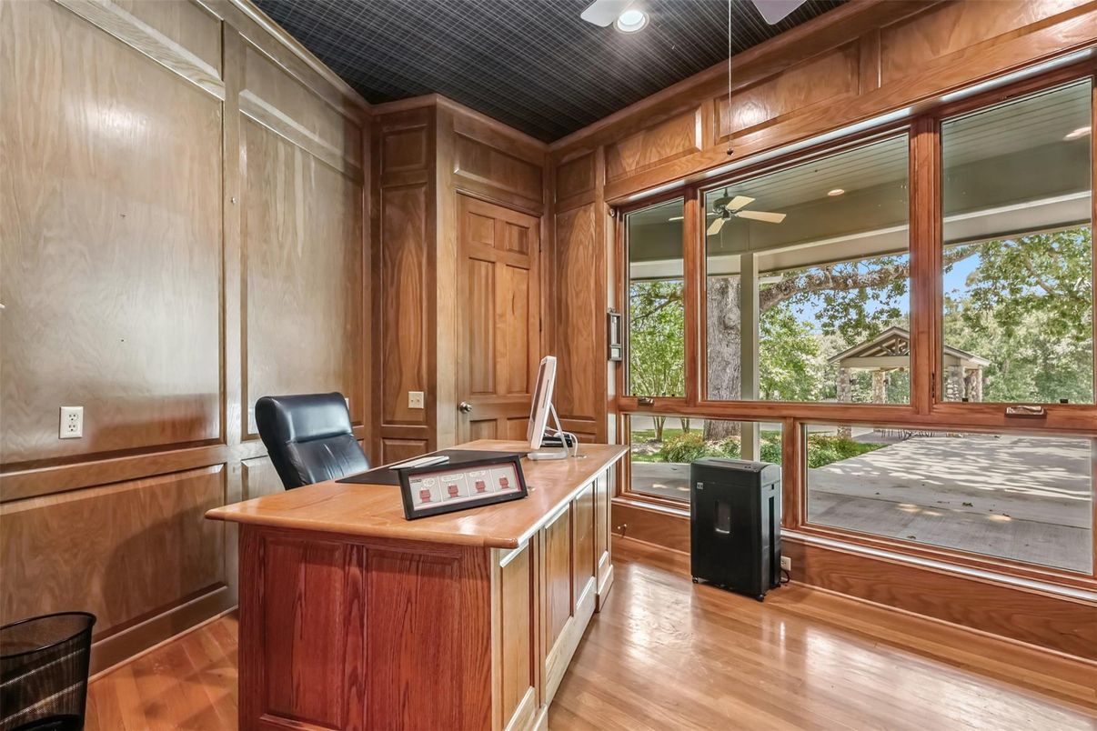 Home Office, Interior, Recessed Lighting, Wood Texture Flooring, Wooden Walls