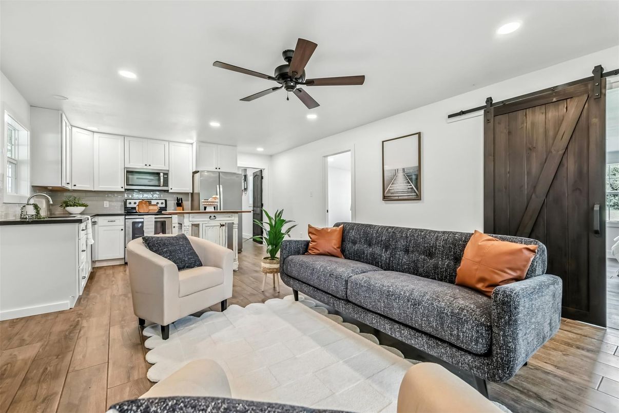 Interior, Kitchen, Living room, Recessed Lighting, Stainless Steel Appliances, Wood Texture Flooring