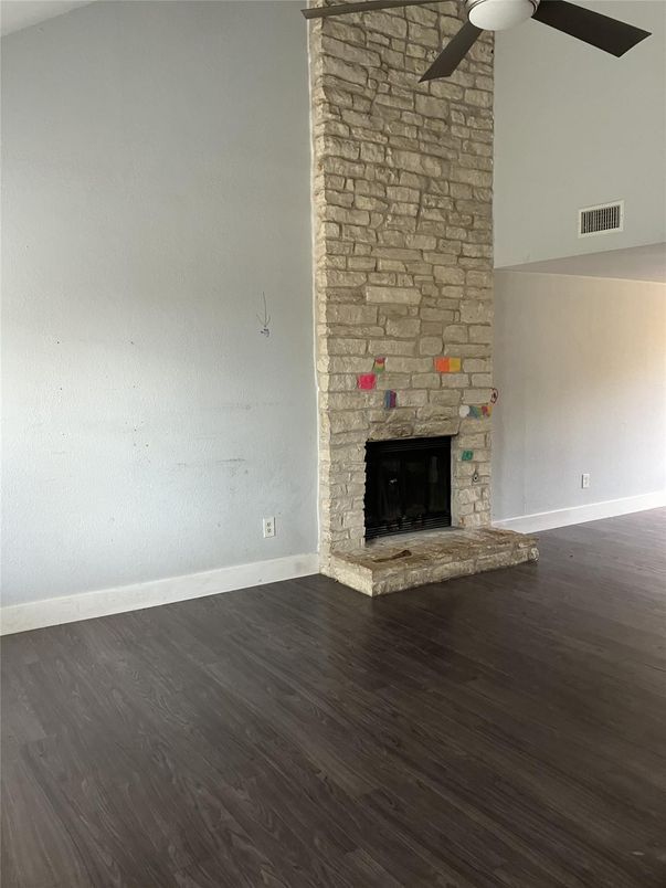 Empty room, Fireplace, Interior, Stone Walls, Wood Texture Flooring
