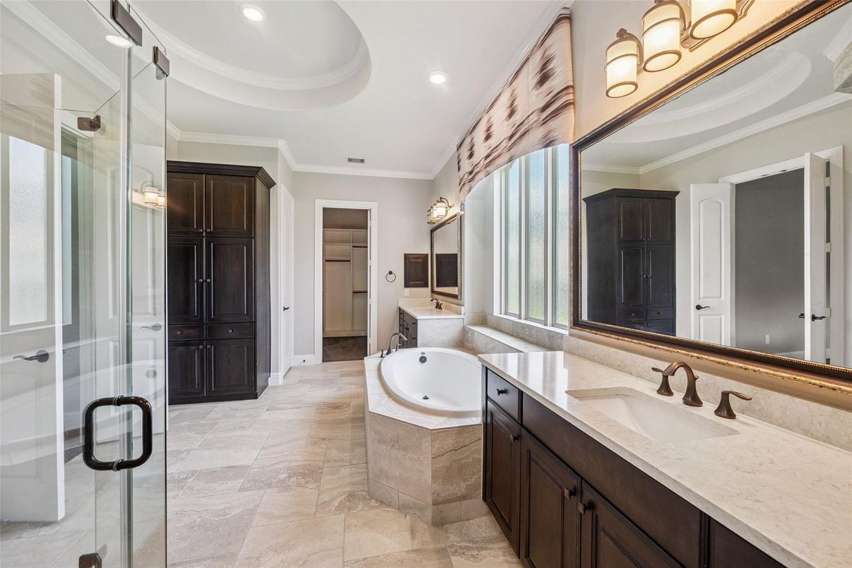 Bathroom, Dual Sink Vanities, Glass Shower, Interior, Recessed Lighting