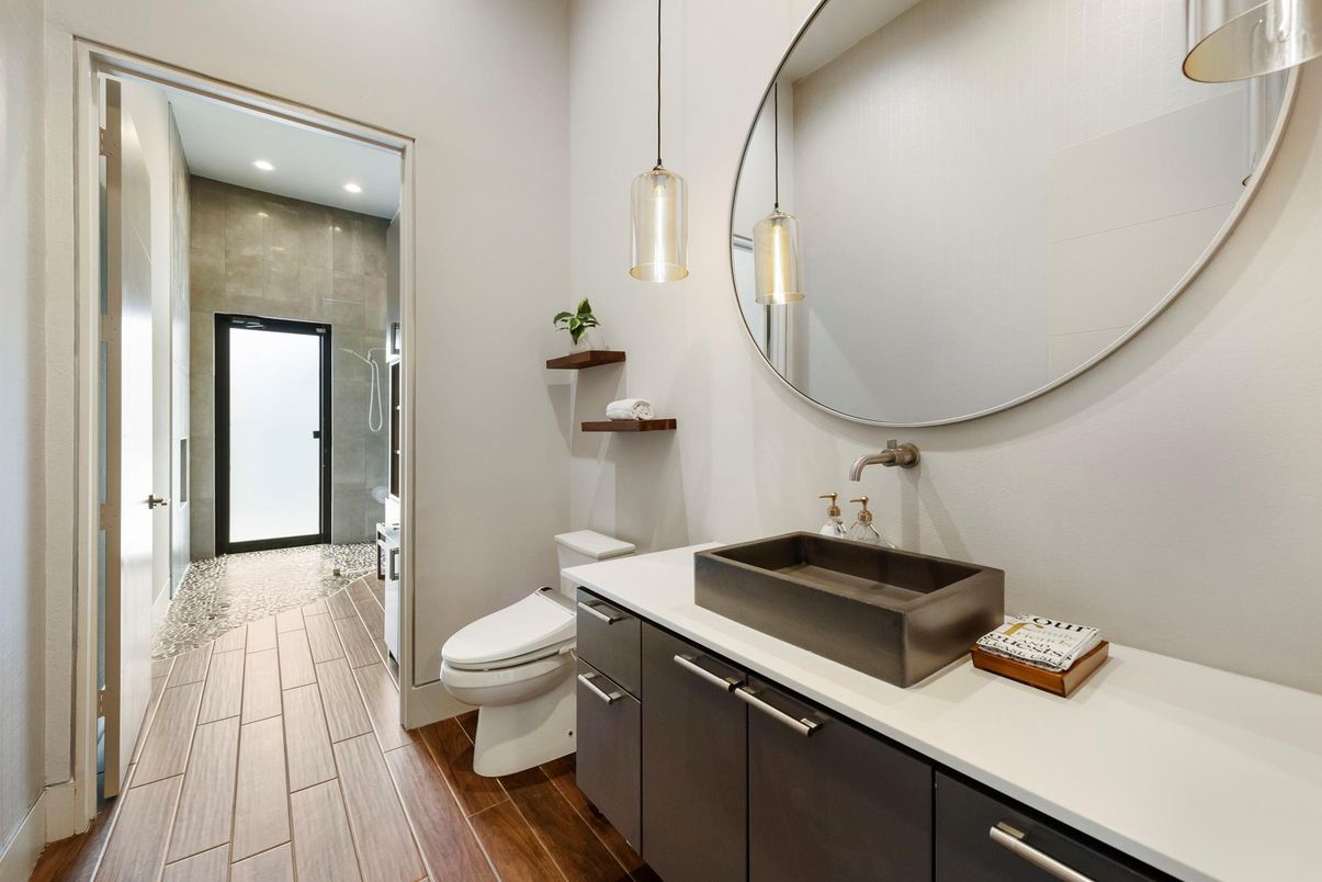 Bathroom, Glass Shower, Interior, Pendant Lights, Recessed Lighting, Wood Texture Flooring