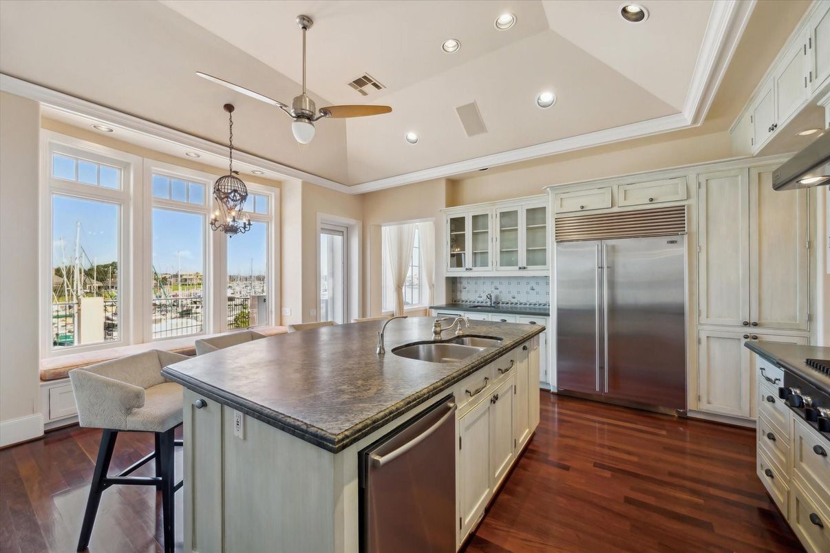 Chandelier, Interior, Kitchen, Recessed Lighting, Stainless Steel Appliances, Wood Texture Flooring