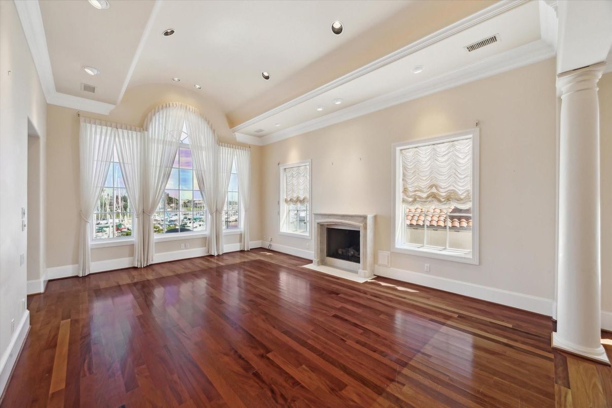 Empty room, Fireplace, Interior, Recessed Lighting, Wood Texture Flooring